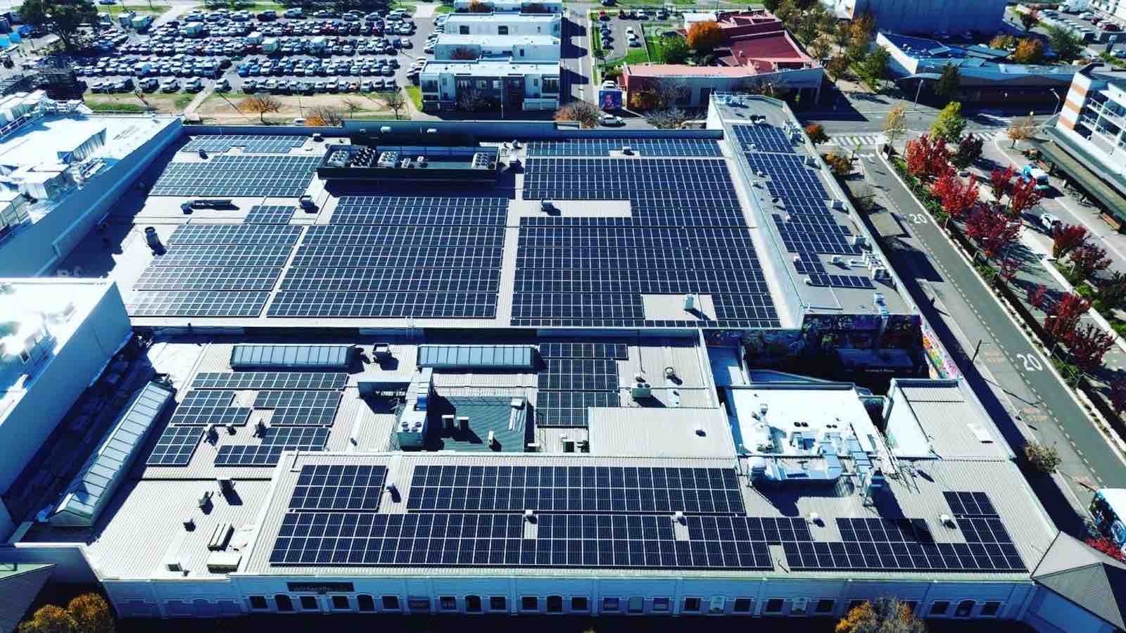 Aerial view of the rooftop solar PV array at Gungahlin Marketplace