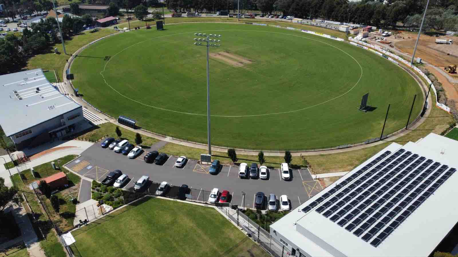 Aerial view of Phillip Oval with rooftop Solar PV on the clubhouse
