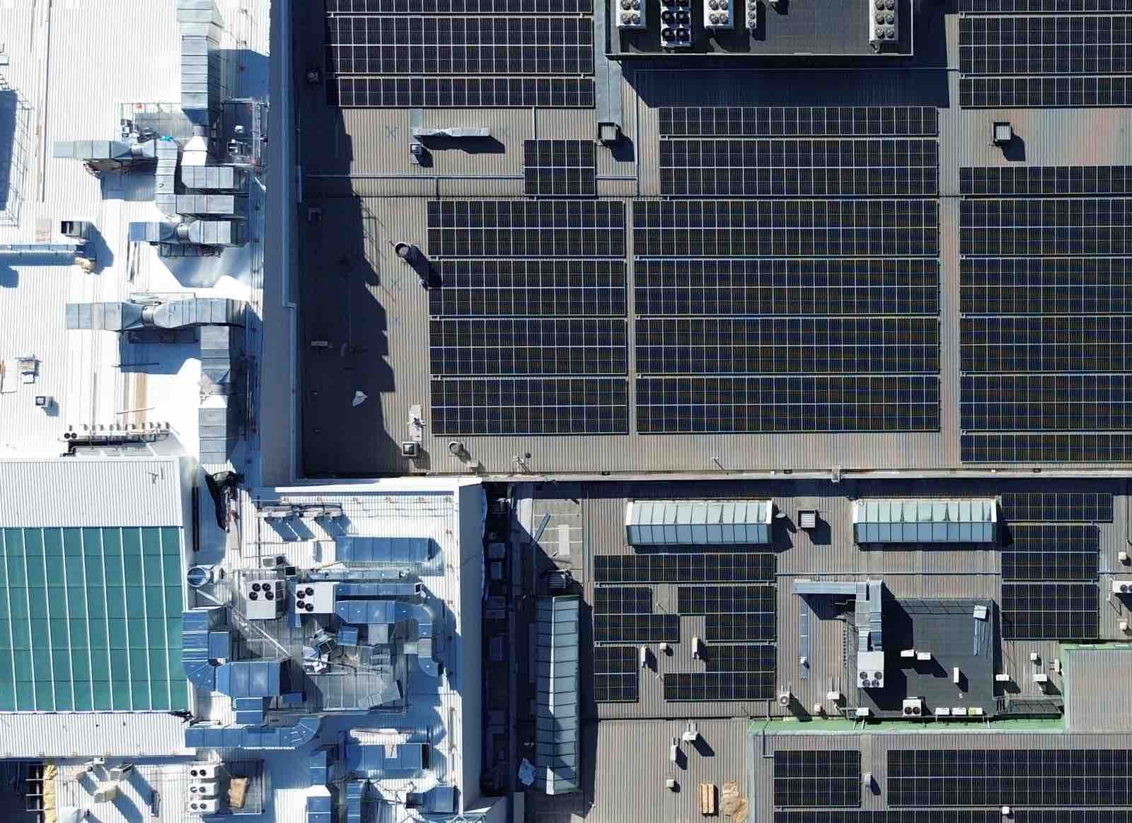 Aerial of the Gungahlin Marketplace roof with solar arrays