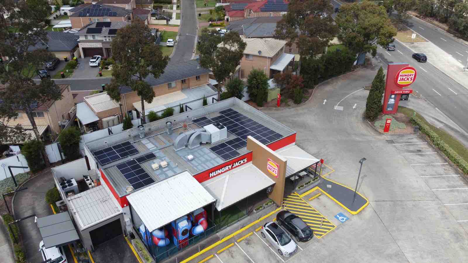 Hungry Jack's restaurant with rooftop solar on a metal roof