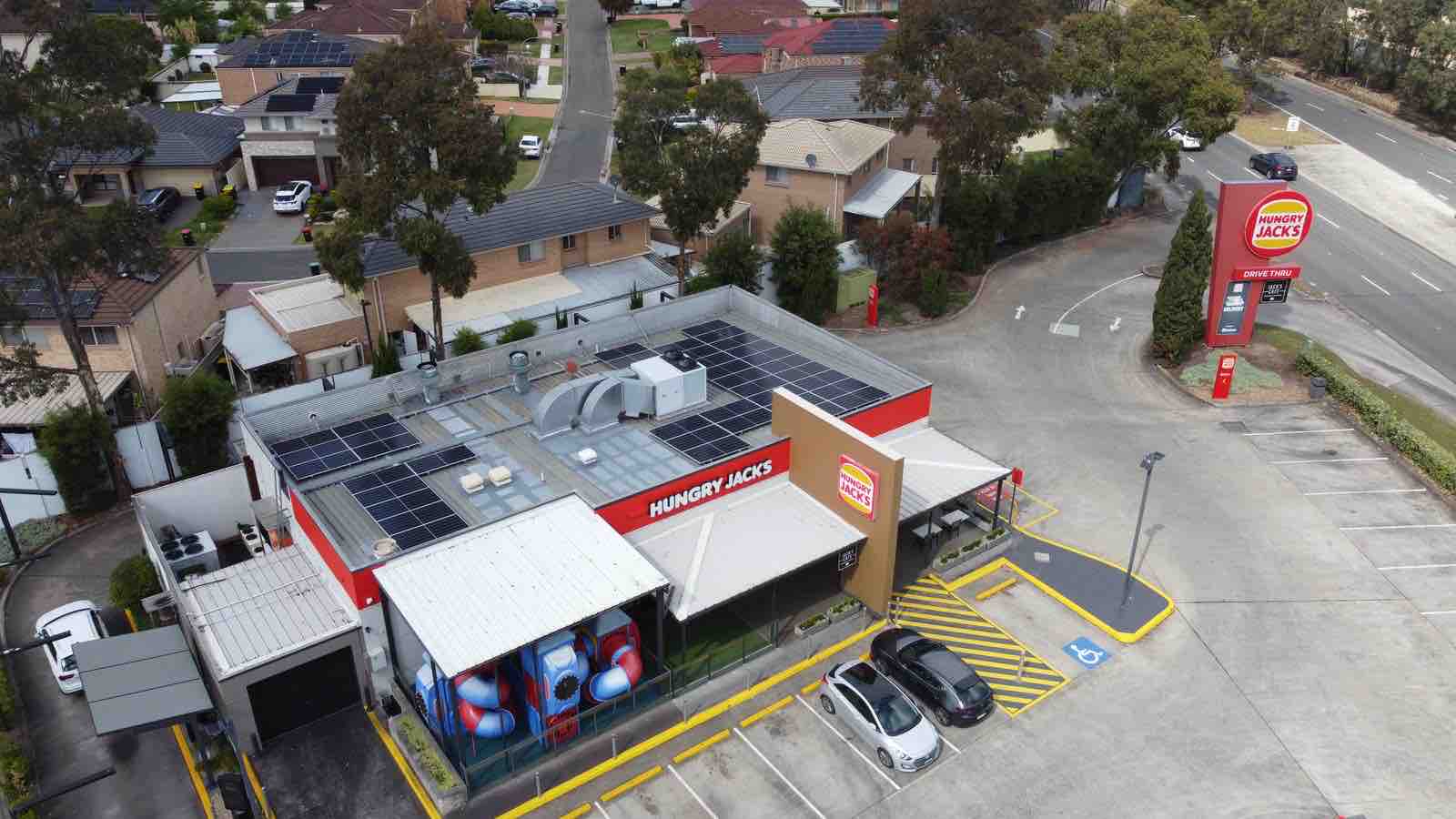 Hungry Jack's restaurant with rooftop solar on a metal roof