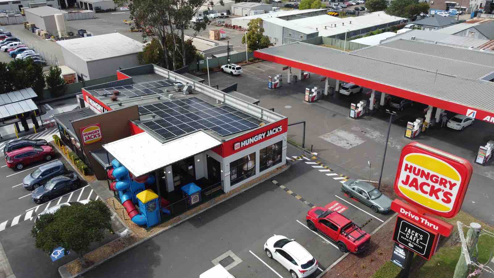 Hungry Jack's restaurant with rooftop solar on a metal roof