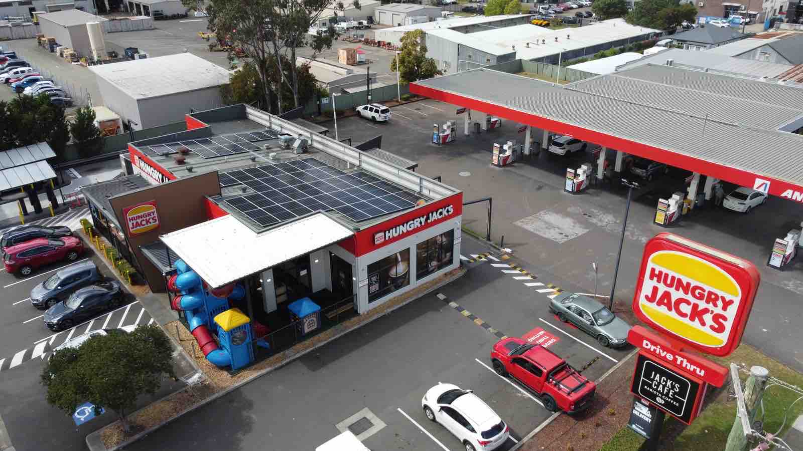 Hungry Jack's restaurant with rooftop solar on a metal roof
